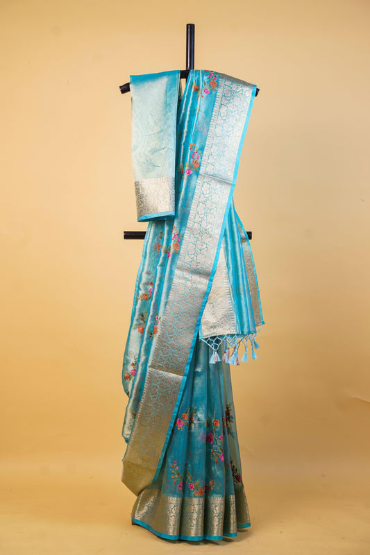 Aqua Tissue Designer Embroidery Premium Banarasi Saree
