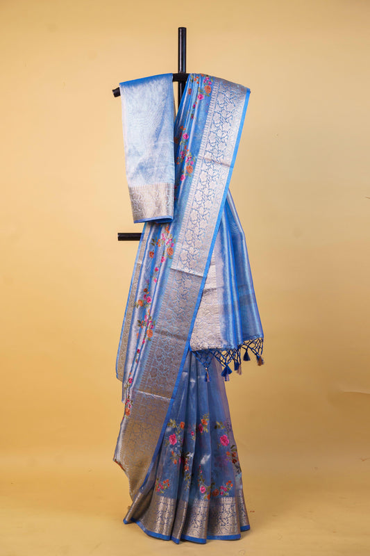 Blue Tissue Designer Embroidery Premium Banarasi Saree