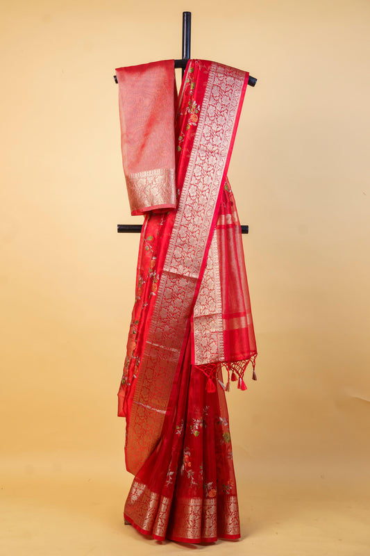 Red Tissue Designer Embroidery Premium Banarasi Saree