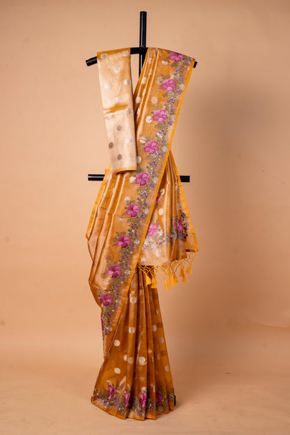 Mustard Tissue Designer Embroidery Premium Banarasi Saree