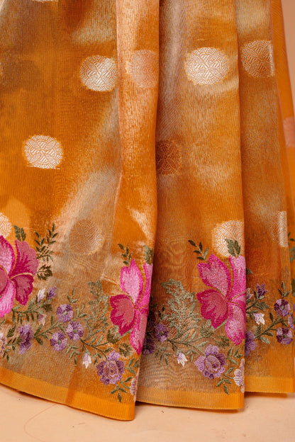 Mustard Tissue Designer Embroidery Premium Banarasi Saree
