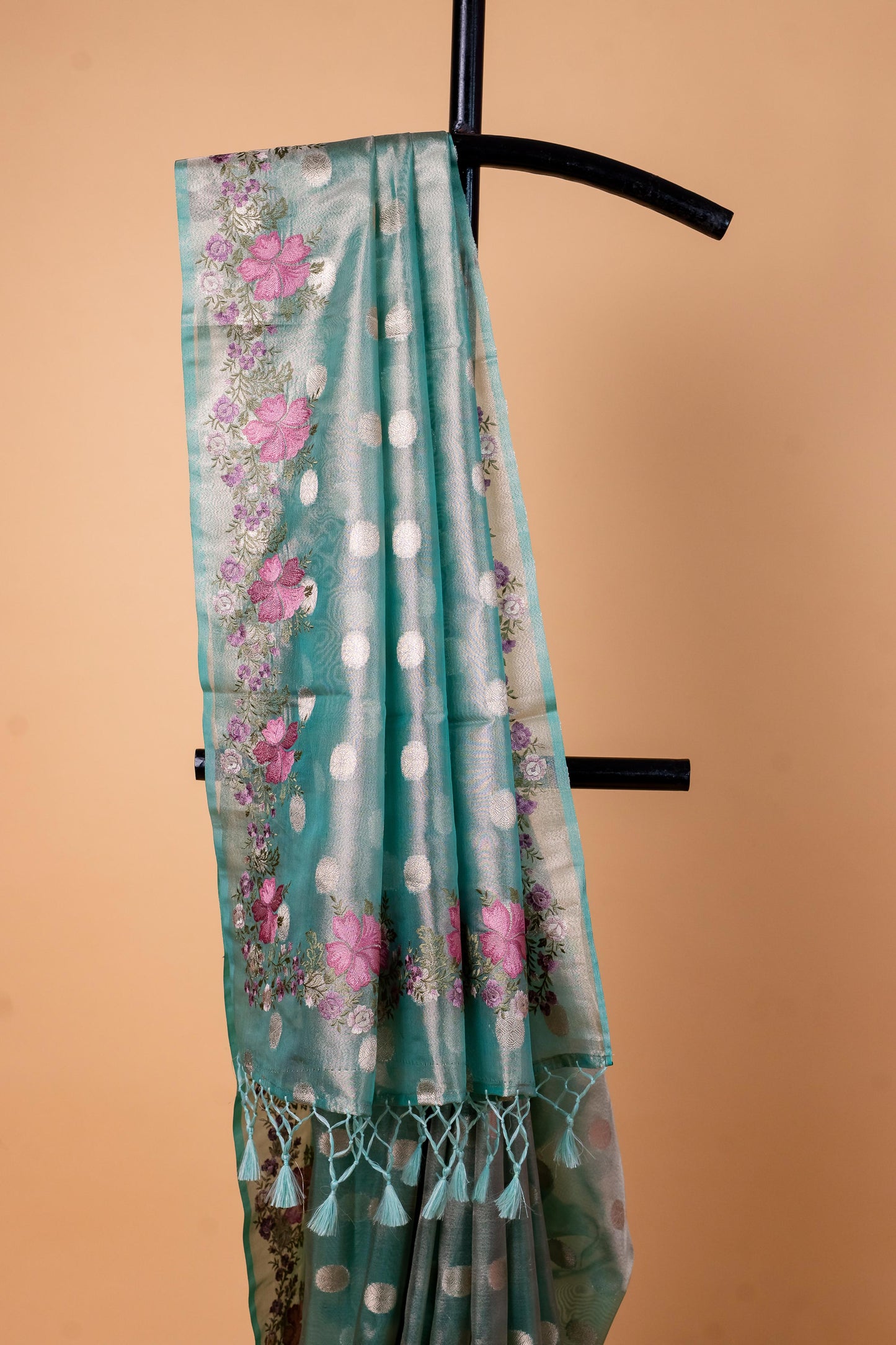Aqua Blue Tissue Designer Embroidery Premium Banarasi Saree