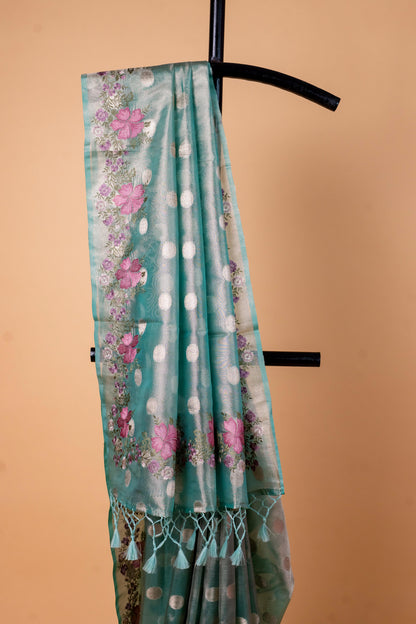 Aqua Blue Tissue Designer Embroidery Premium Banarasi Saree