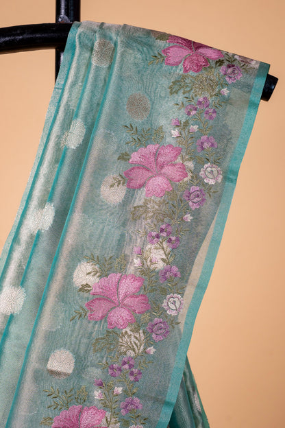 Aqua Blue Tissue Designer Embroidery Premium Banarasi Saree