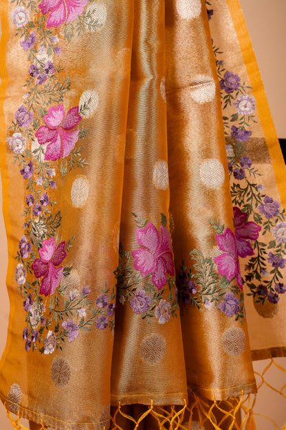 Mustard Tissue Designer Embroidery Premium Banarasi Saree