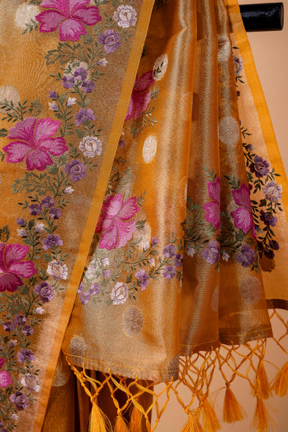 Mustard Tissue Designer Embroidery Premium Banarasi Saree