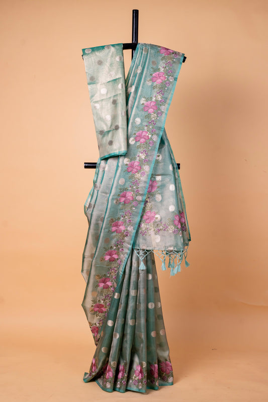 Aqua Blue Tissue Designer Embroidery Premium Banarasi Saree
