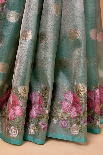 Aqua Blue Tissue Designer Embroidery Premium Banarasi Saree