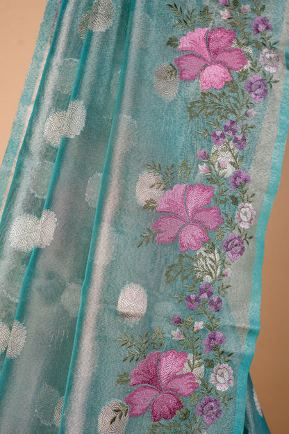 Aqua Blue Tissue Designer Embroidery Premium Banarasi Saree
