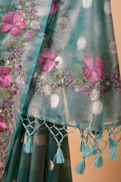 Aqua Blue Tissue Designer Embroidery Premium Banarasi Saree