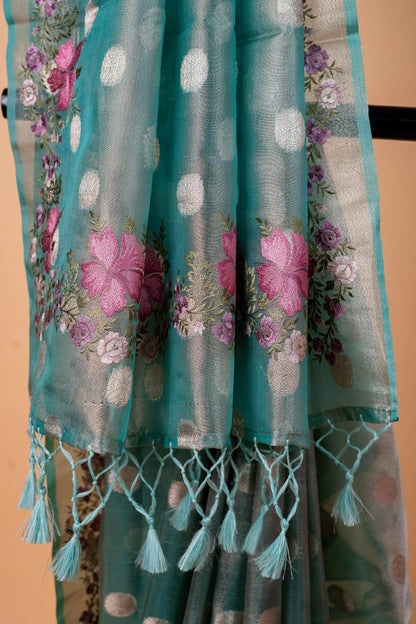 Aqua Blue Tissue Designer Embroidery Premium Banarasi Saree