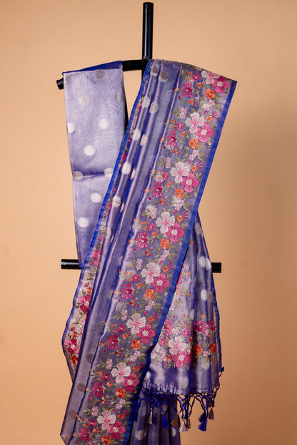 Blue Tissue Designer Embroidery Premium Banarasi Saree