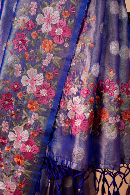 Blue Tissue Designer Embroidery Premium Banarasi Saree