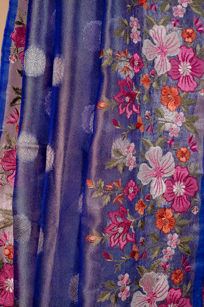 Blue Tissue Designer Embroidery Premium Banarasi Saree