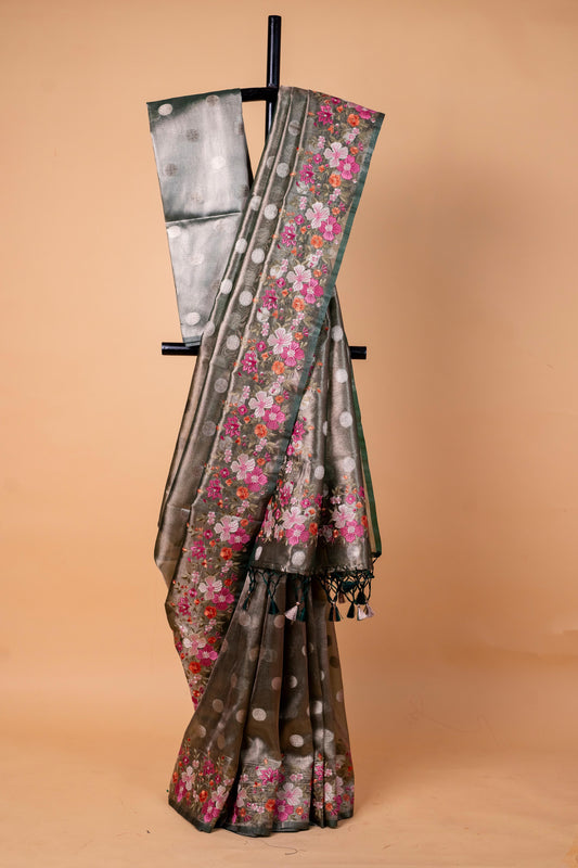 Bottle Green Tissue Designer Embroidery Premium Banarasi Saree