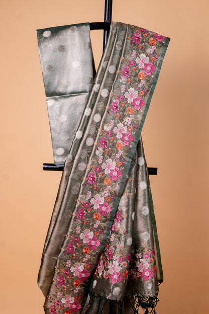 Bottle Green Tissue Designer Embroidery Premium Banarasi Saree