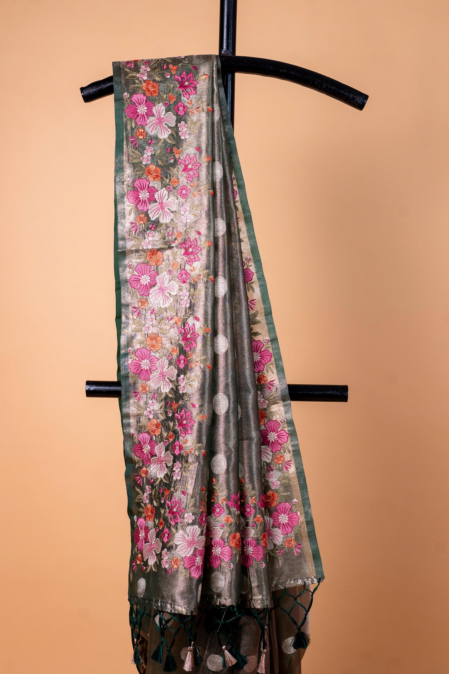 Bottle Green Tissue Designer Embroidery Premium Banarasi Saree