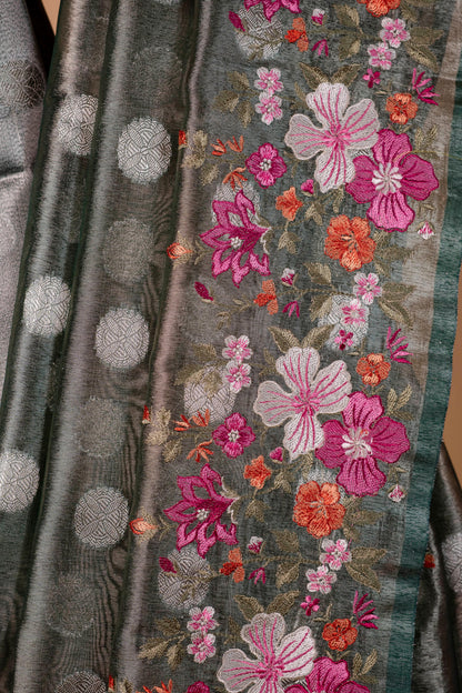 Bottle Green Tissue Designer Embroidery Premium Banarasi Saree