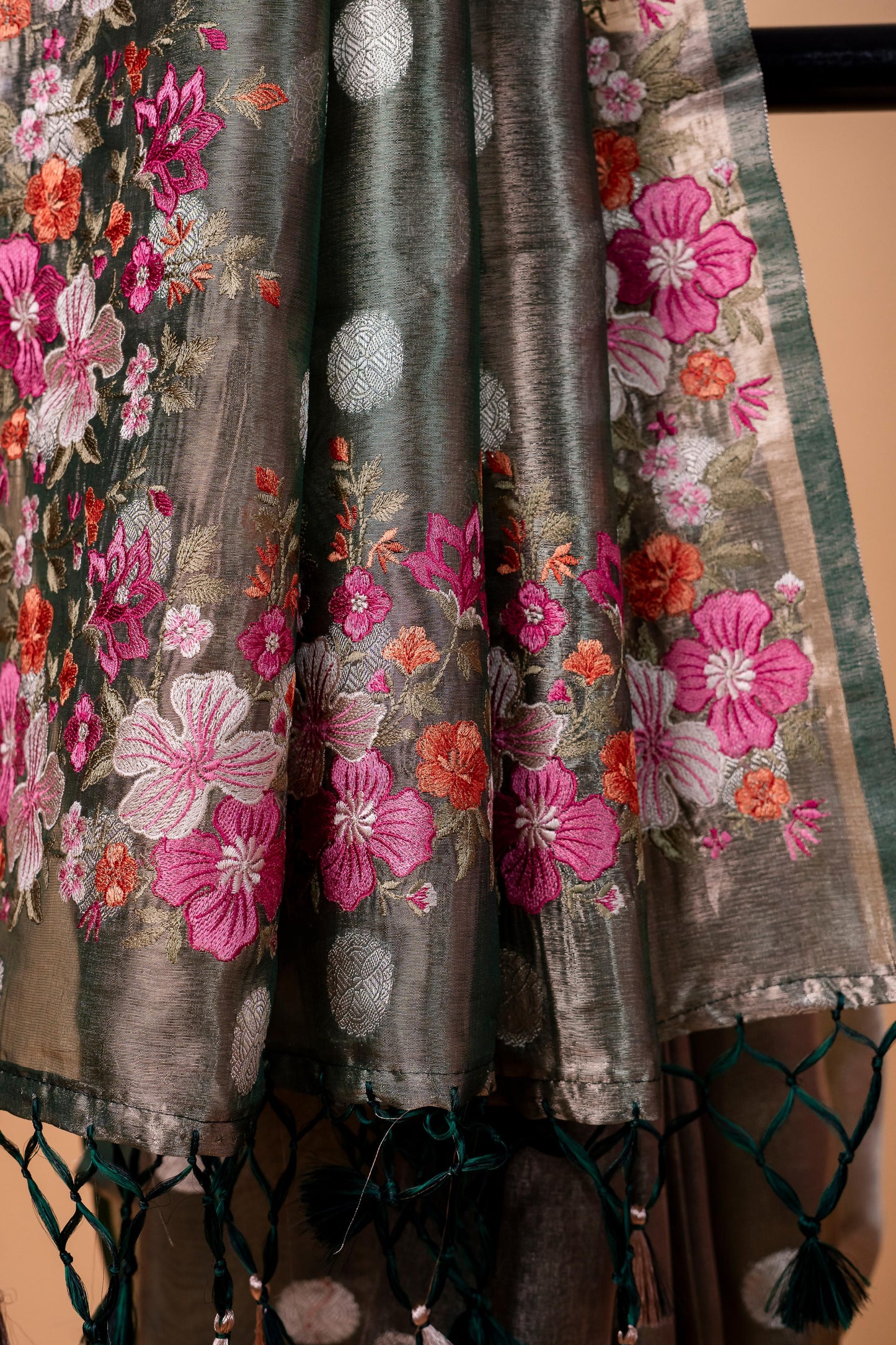 Bottle Green Tissue Designer Embroidery Premium Banarasi Saree