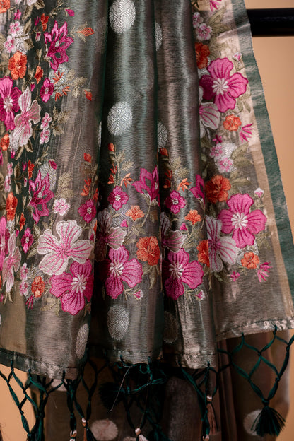 Bottle Green Tissue Designer Embroidery Premium Banarasi Saree