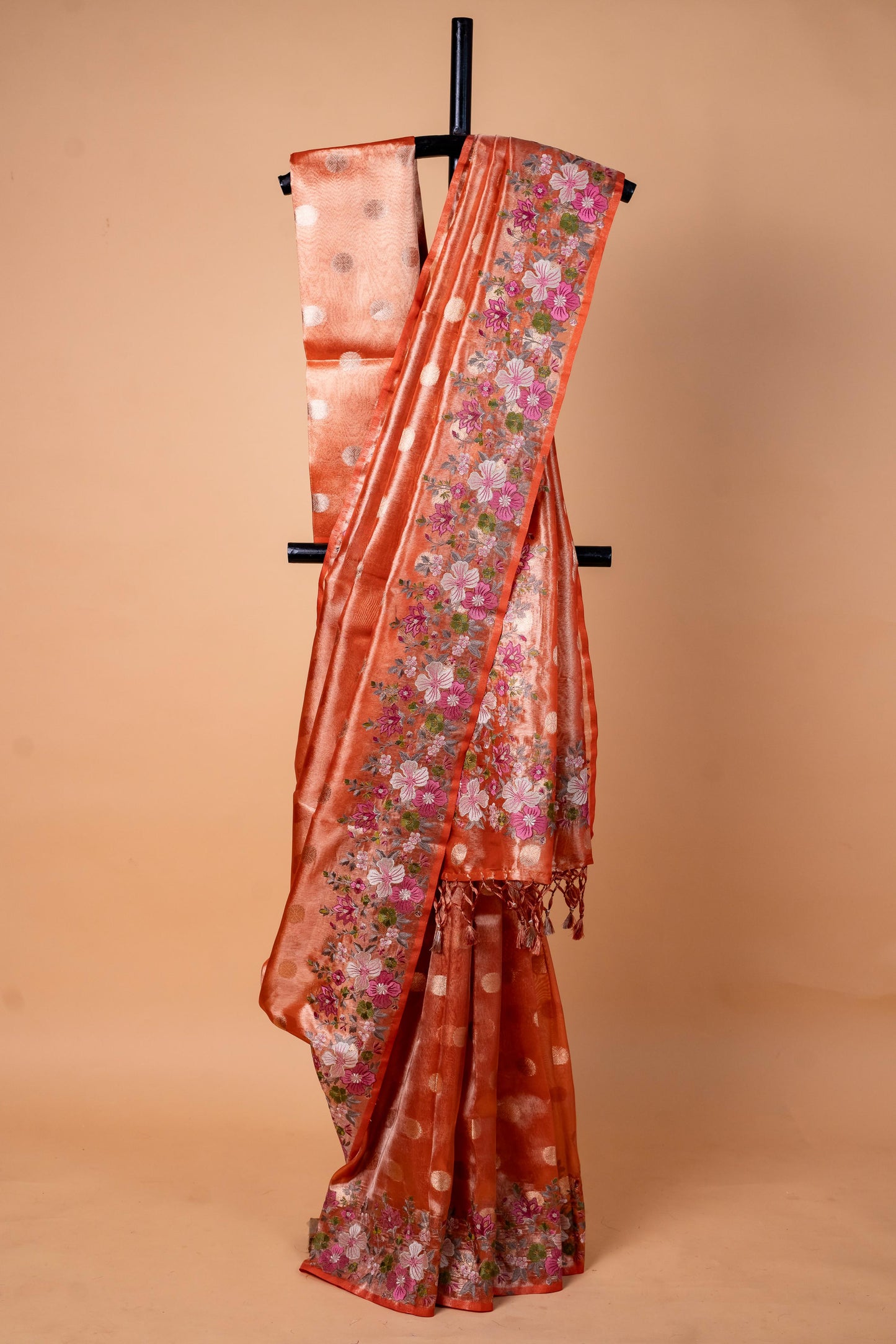 Orange Tissue Designer Embroidery Premium Banarasi Saree