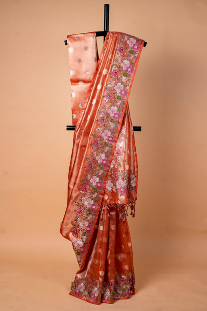 Orange Tissue Designer Embroidery Premium Banarasi Saree