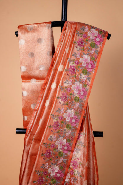 Orange Tissue Designer Embroidery Premium Banarasi Saree