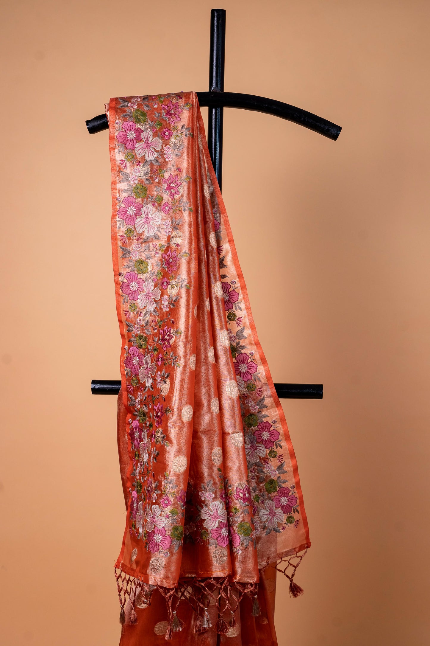 Orange Tissue Designer Embroidery Premium Banarasi Saree