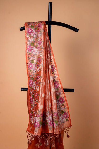 Orange Tissue Designer Embroidery Premium Banarasi Saree