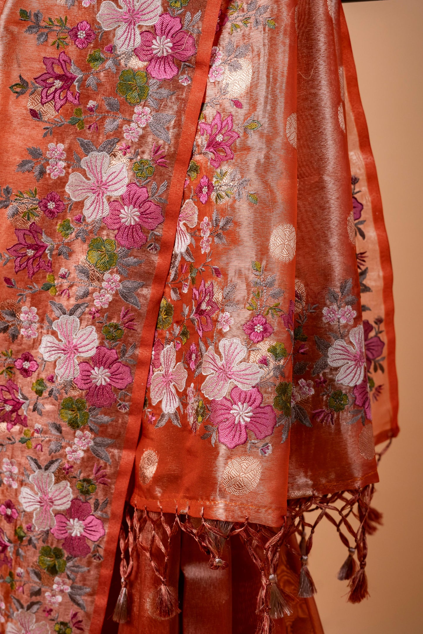 Orange Tissue Designer Embroidery Premium Banarasi Saree