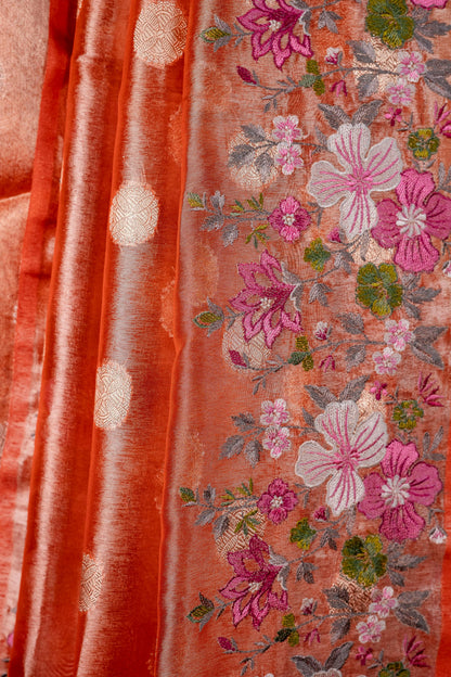 Orange Tissue Designer Embroidery Premium Banarasi Saree