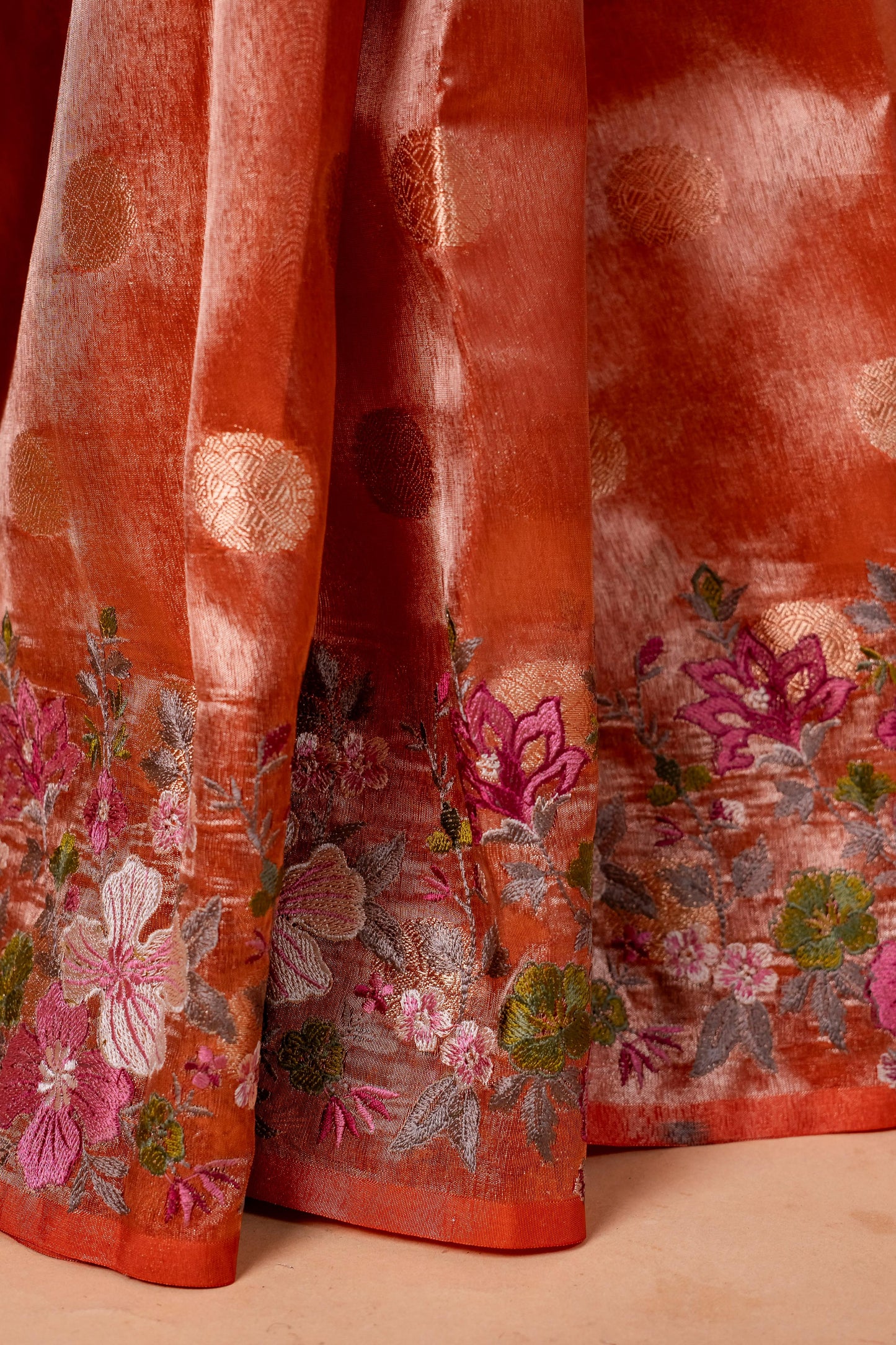 Orange Tissue Designer Embroidery Premium Banarasi Saree