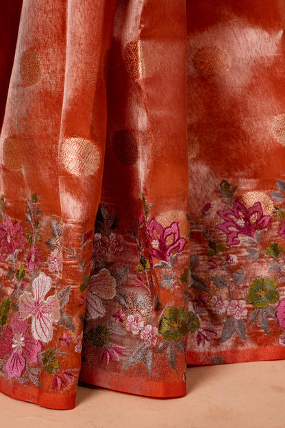 Orange Tissue Designer Embroidery Premium Banarasi Saree