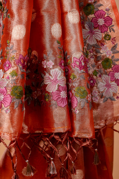 Orange Tissue Designer Embroidery Premium Banarasi Saree