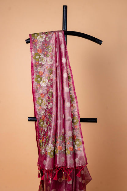 Magenta Tissue Designer Embroidery Premium Banarasi Saree