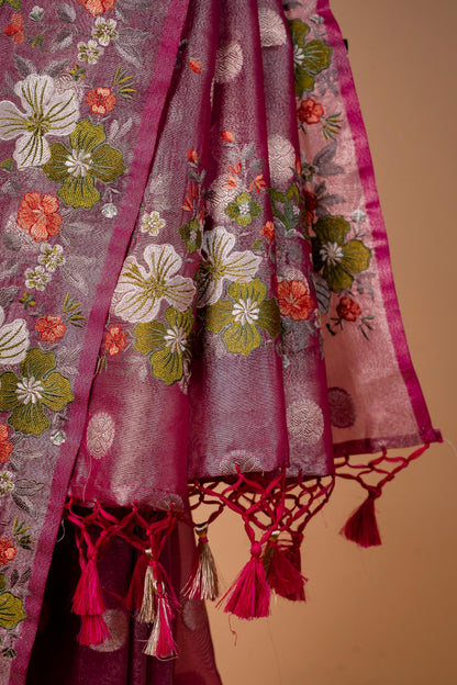 Magenta Tissue Designer Embroidery Premium Banarasi Saree