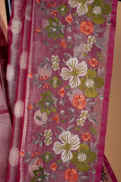 Magenta Tissue Designer Embroidery Premium Banarasi Saree