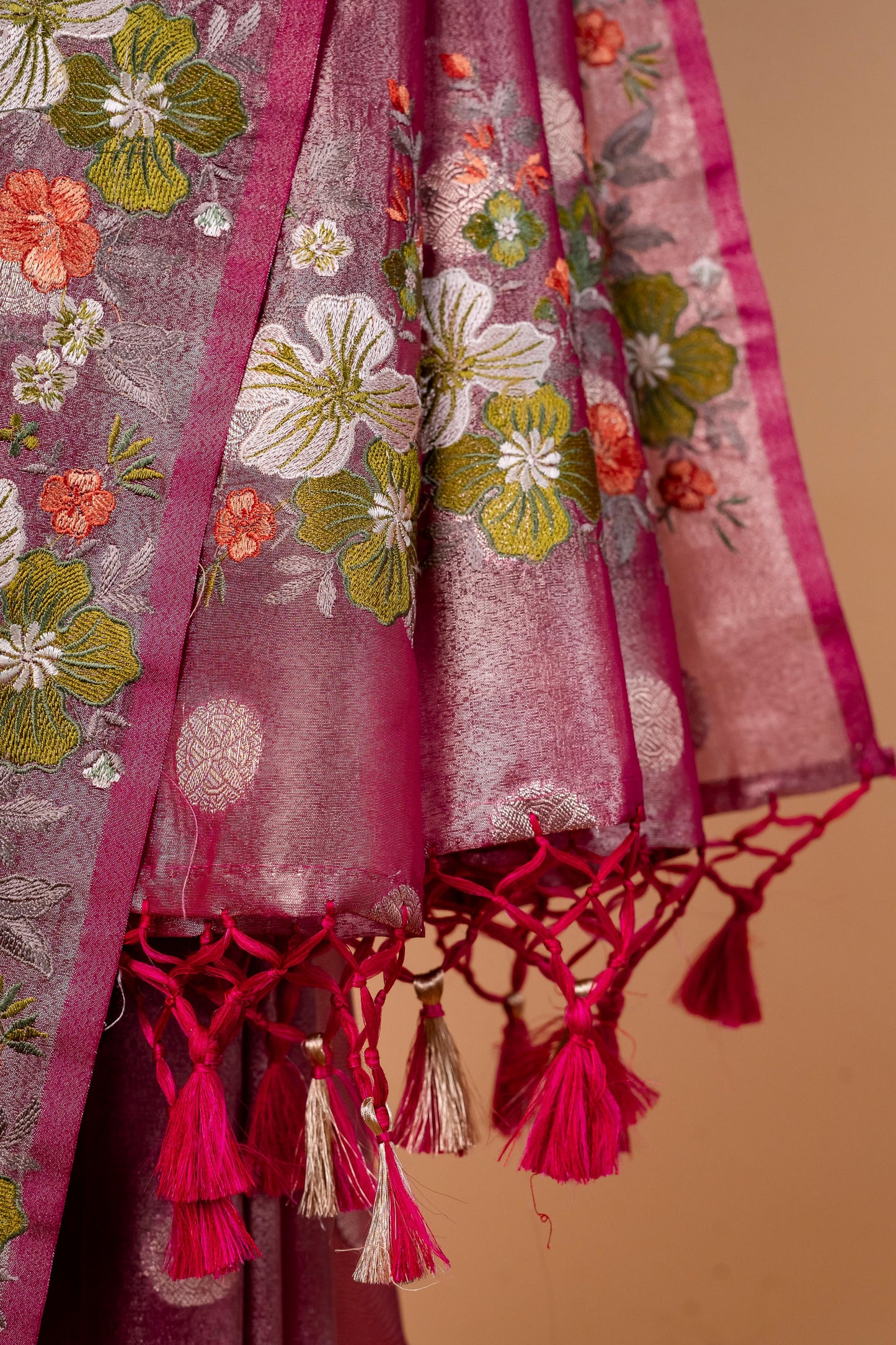 Magenta Tissue Designer Embroidery Premium Banarasi Saree