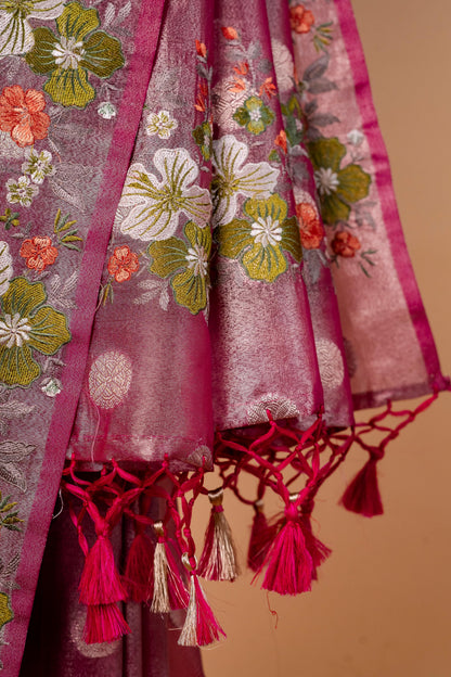 Magenta Tissue Designer Embroidery Premium Banarasi Saree