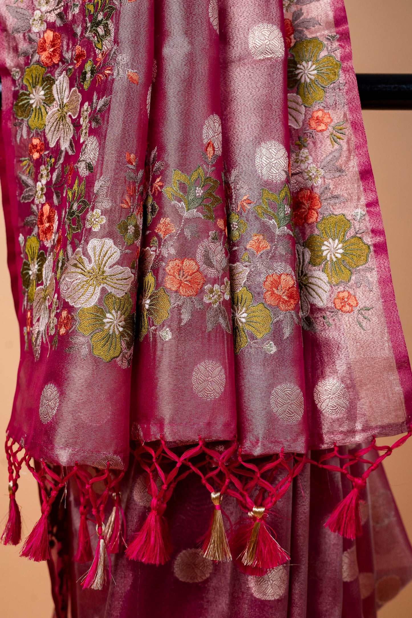Magenta Tissue Designer Embroidery Premium Banarasi Saree