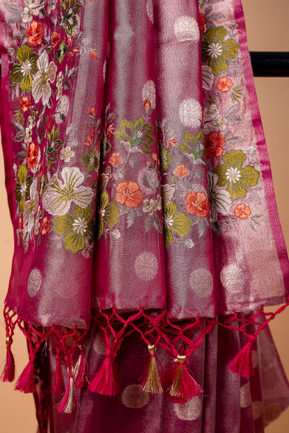 Magenta Tissue Designer Embroidery Premium Banarasi Saree