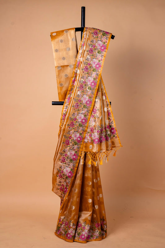 Mustard Tissue Designer Embroidery Premium Banarasi Saree