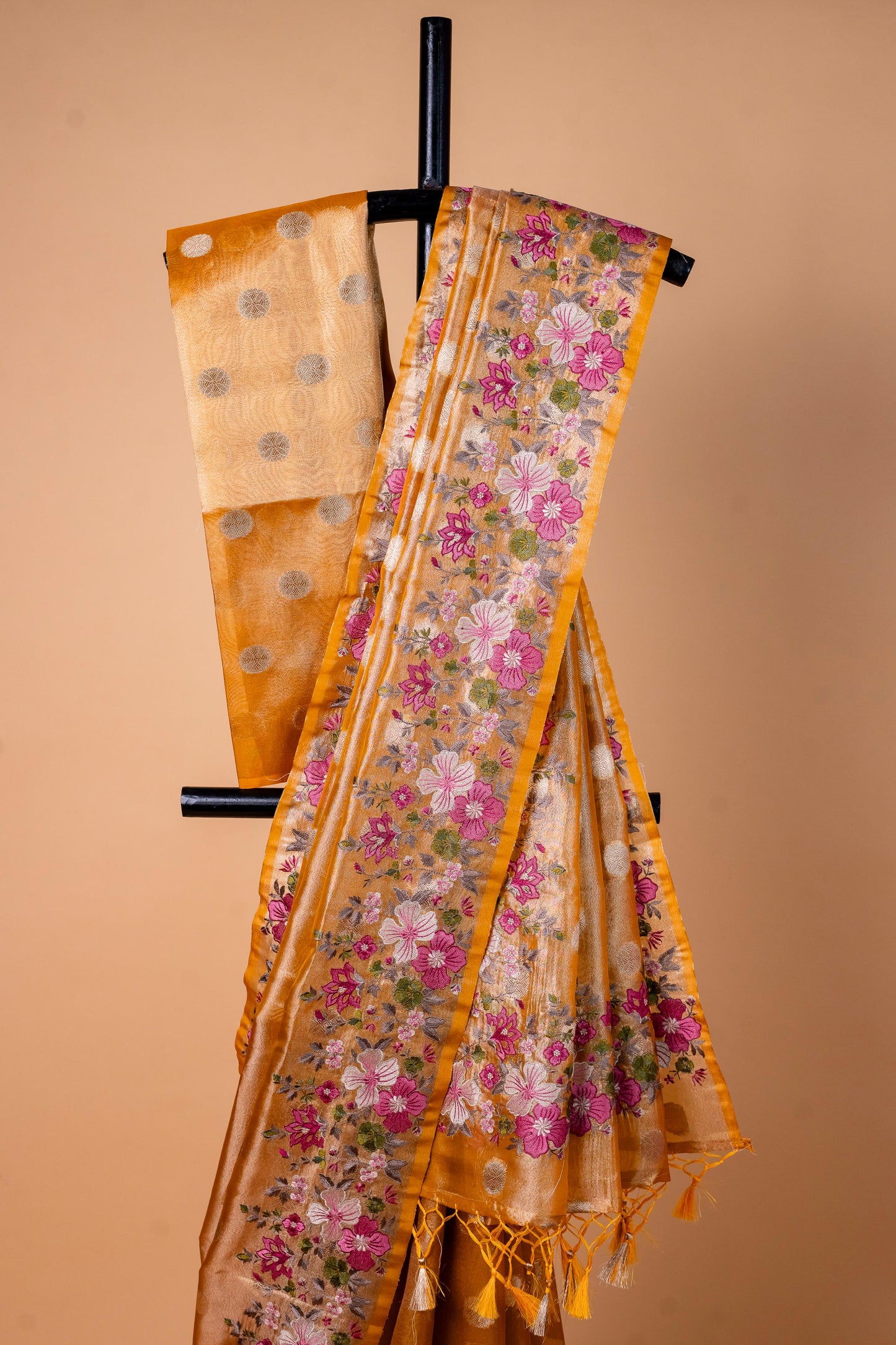Mustard Tissue Designer Embroidery Premium Banarasi Saree