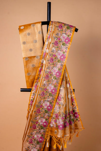 Mustard Tissue Designer Embroidery Premium Banarasi Saree