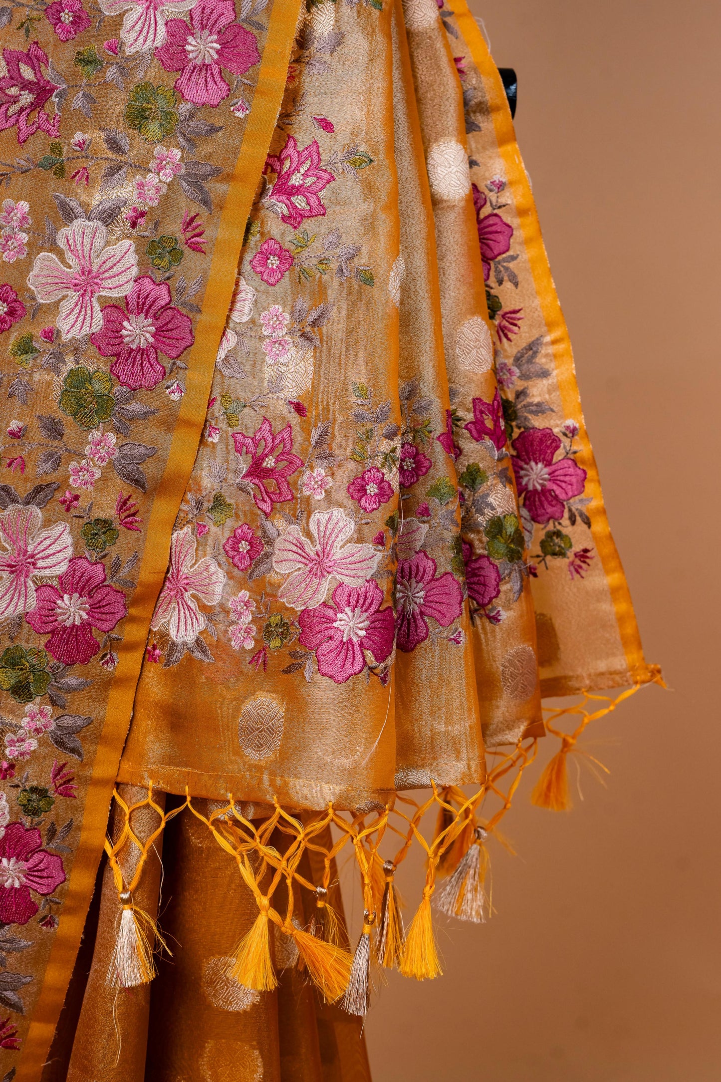 Mustard Tissue Designer Embroidery Premium Banarasi Saree