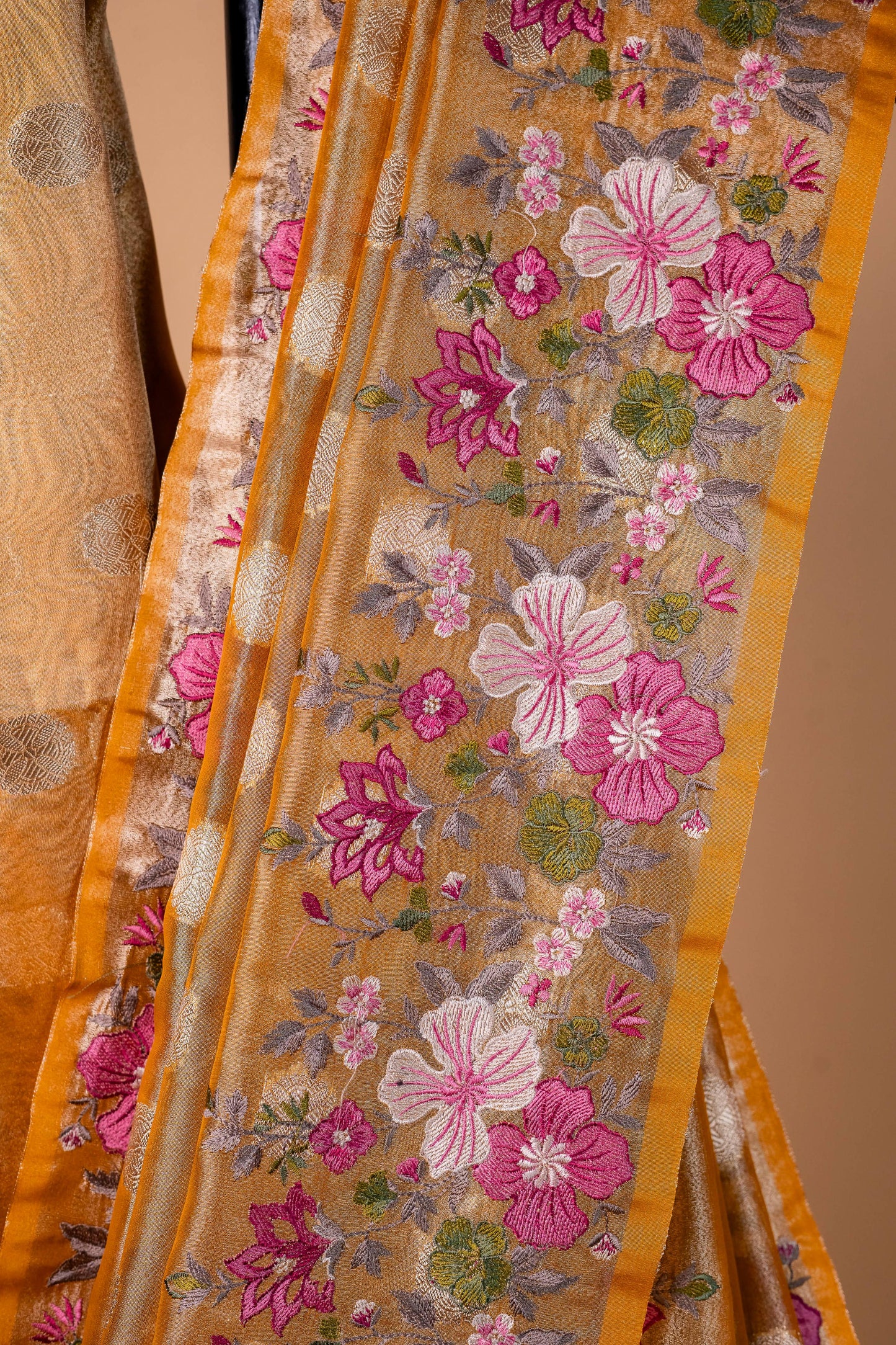Mustard Tissue Designer Embroidery Premium Banarasi Saree
