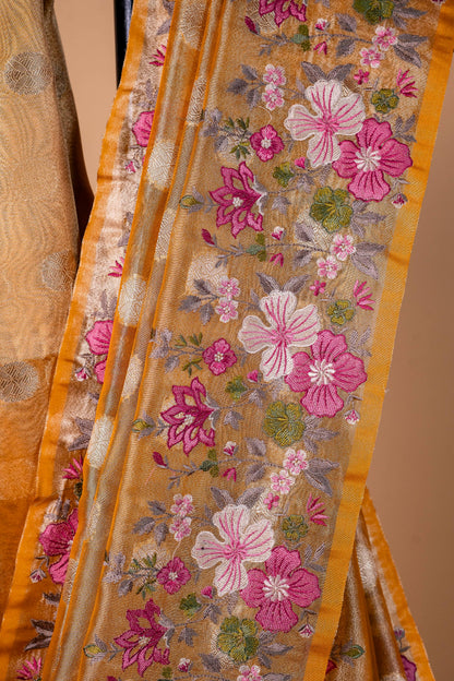 Mustard Tissue Designer Embroidery Premium Banarasi Saree