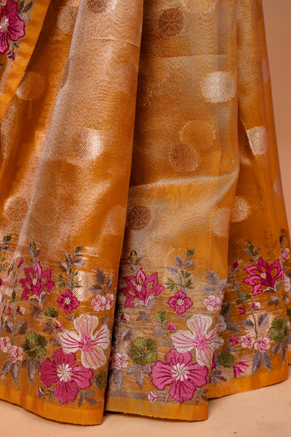 Mustard Tissue Designer Embroidery Premium Banarasi Saree