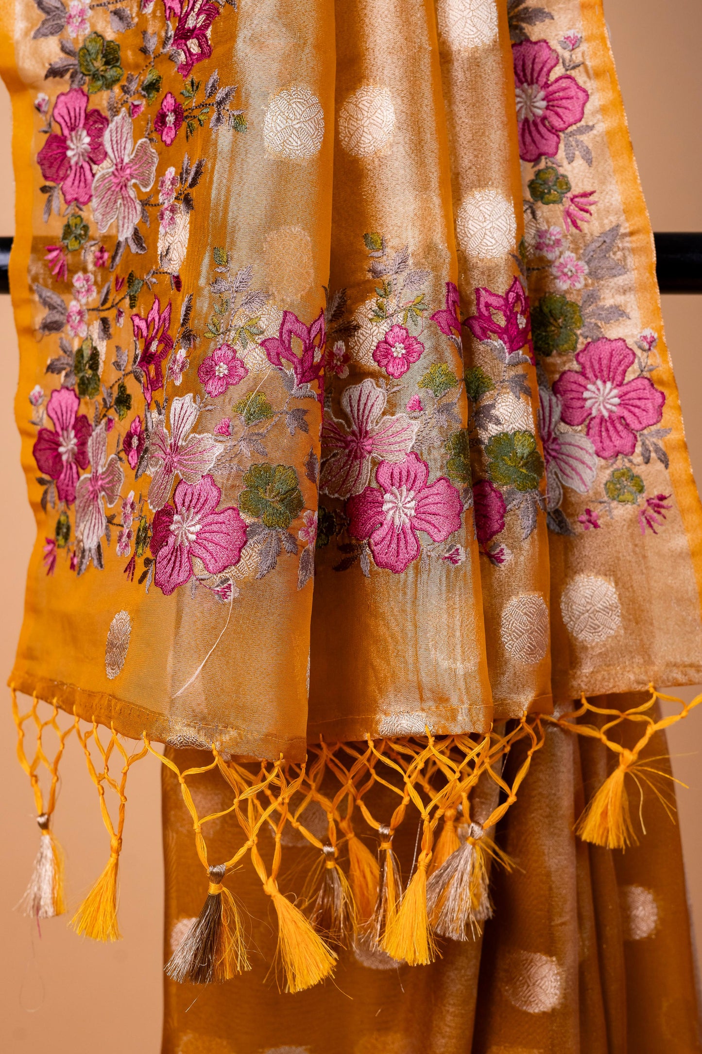 Mustard Tissue Designer Embroidery Premium Banarasi Saree