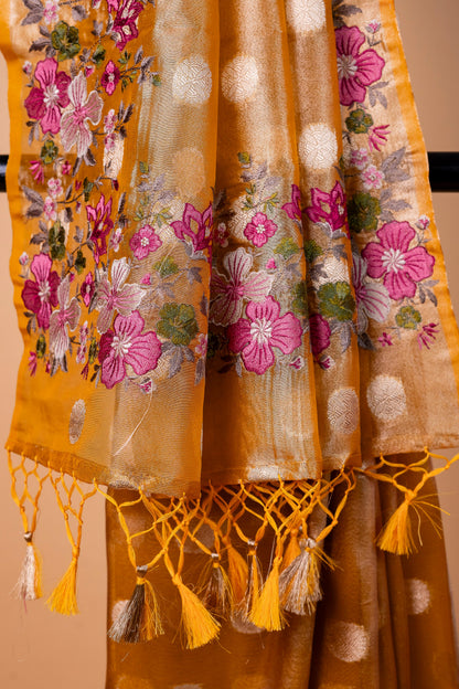 Mustard Tissue Designer Embroidery Premium Banarasi Saree